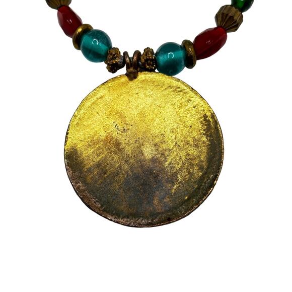 VTG Y2K Boho Chic Enameled Brass Medallion Choker Necklace Artsy Bohemian - Picture 6 of 7